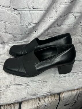 Vtg y2k Whimsigoth Dark Pilgrim‎ Corporate Goth Black Leather Block Heel Pumps 8